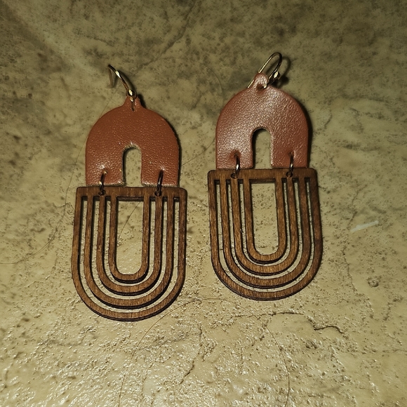 Jewelry - Lightweight Brown Leather And Wood Geometric Earrings